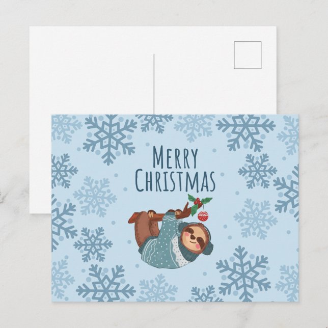 Merry Christmas Cute Sloth and Blue Snowflakes  Postcard (Front/Back)