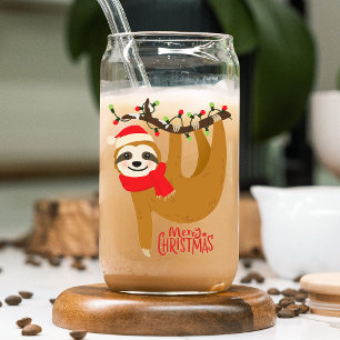 Merry Christmas Cute Sloth Festive Holidays Can Glass