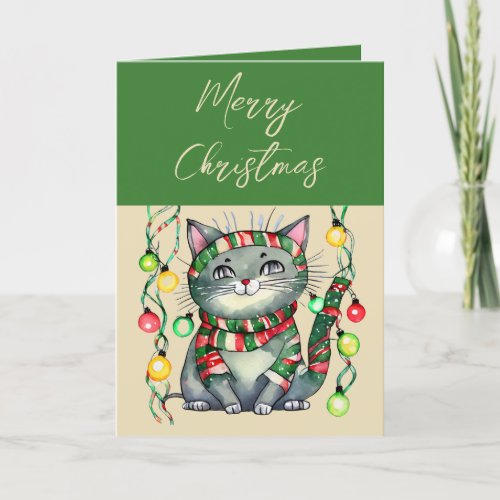 Merry Christmas cute smiling cat baubles green Holiday Card