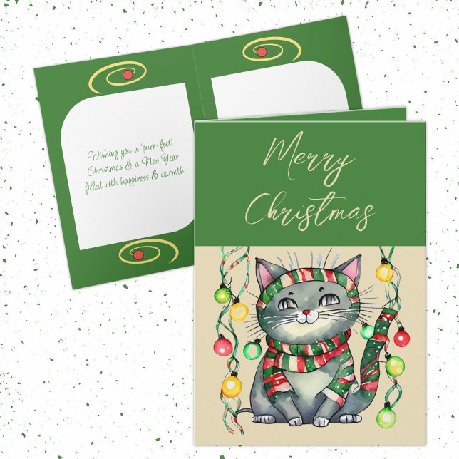 Merry Christmas cute smiling cat baubles green Holiday Card (Creator Uploaded)