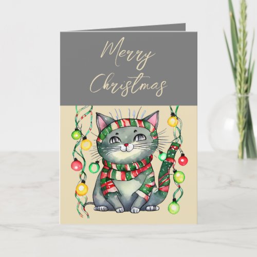 Merry Christmas cute smiling cat baubles grey Holiday Card