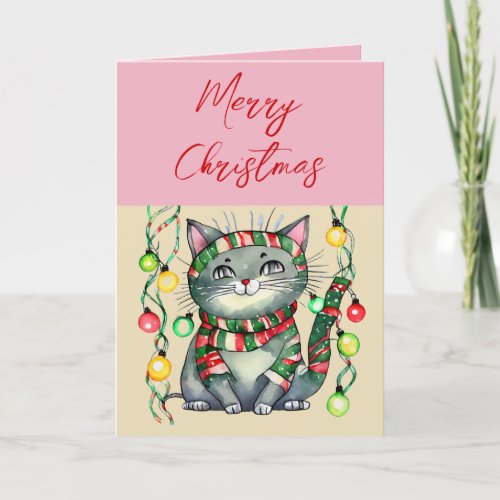Merry Christmas cute smiling cat baubles pink Holiday Card