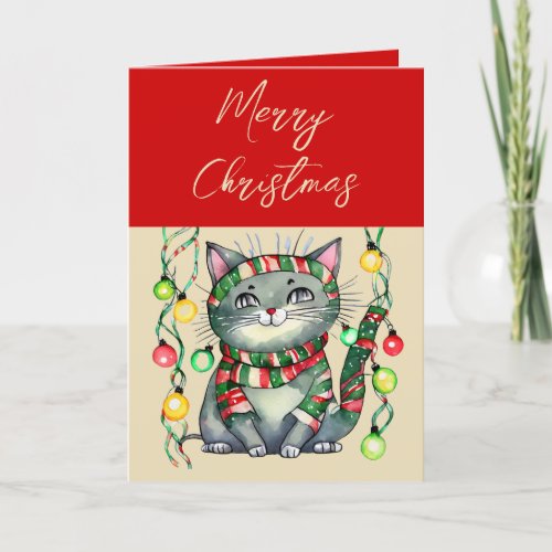 Merry Christmas cute smiling cat baubles red Holiday Card