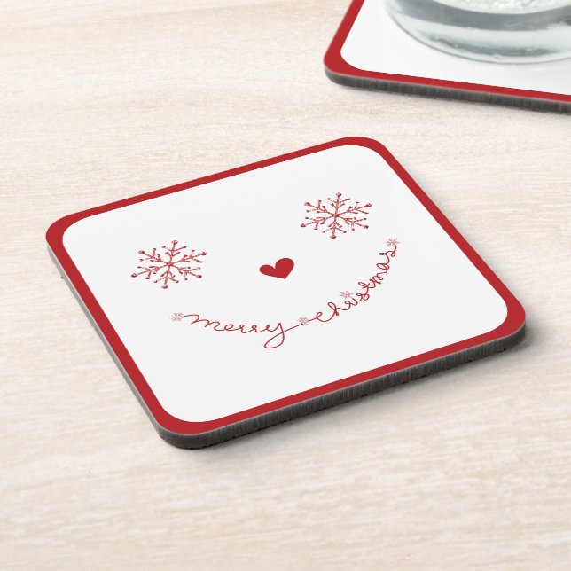 Merry Christmas Cute Snowflakes Funny Face Holiday Beverage Coaster (Left Side)