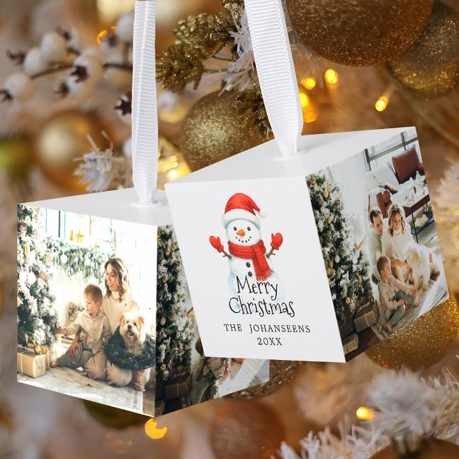 Merry Christmas Cute Snowman 3 Modern Family Photo Cube Ornament (Creator Uploaded)