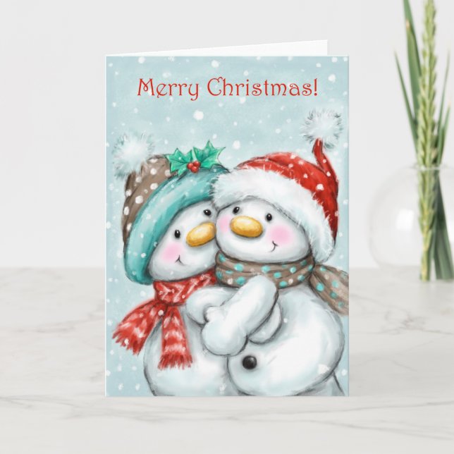 Merry Christmas, Cute Snowman Couple Cuddling Card (Front)