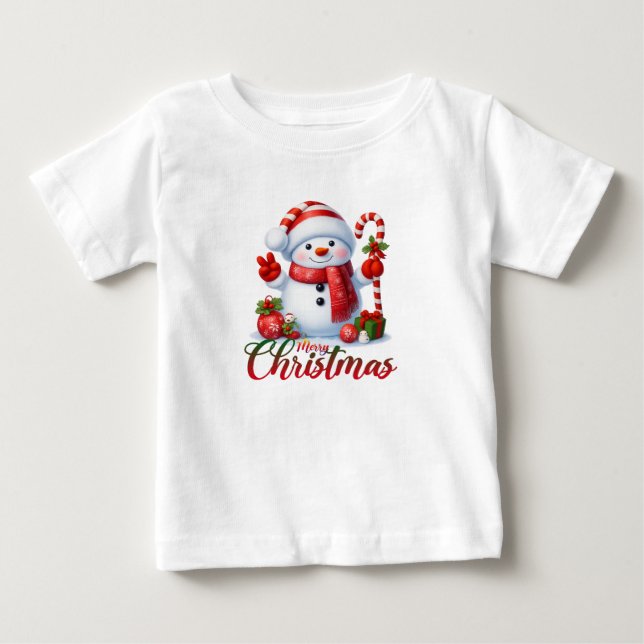 Merry Christmas Cute Snowman Illustration Tee (Front)