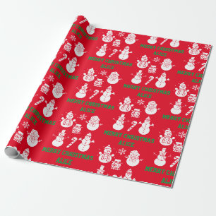 Merry Christmas Cute Snowman Name Xmas Red Festive Wrapping Paper