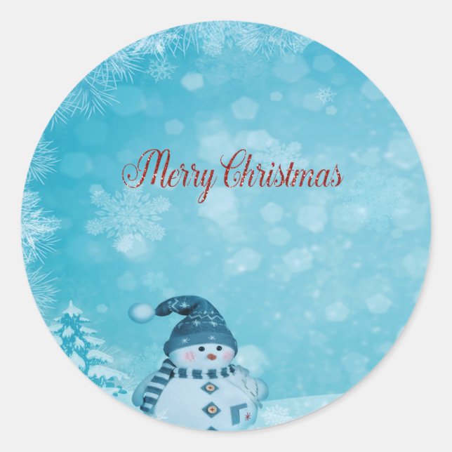 Merry Christmas,Cute Snowman Pine Tree Classic Round Sticker (Front)