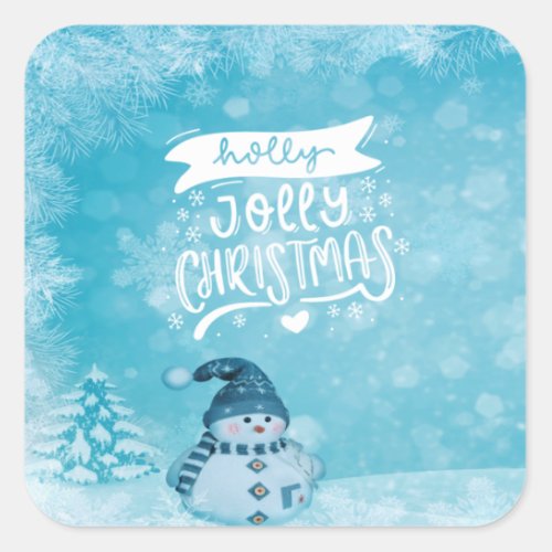 Merry ChristmasCute Snowman Pine Tree Snowflakes Square Sticker
