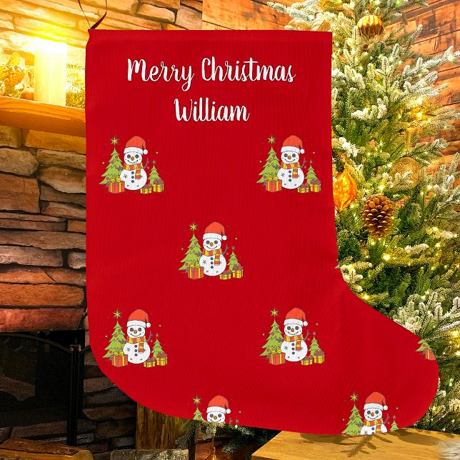 Merry Christmas Cute Snowman Tree Personalized Large Christmas Stocking (Creator Uploaded)