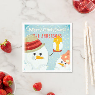 Merry Christmas Cute Snowman Winter Holidays Name Napkins