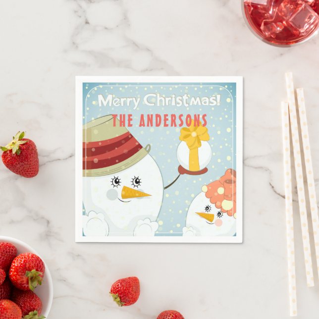 Merry Christmas Cute Snowman Winter Holidays Name Napkins (Insitu)