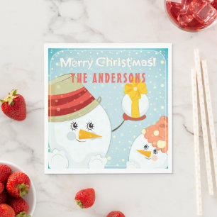 Merry Christmas Cute Snowman Winter Holidays Name Napkins