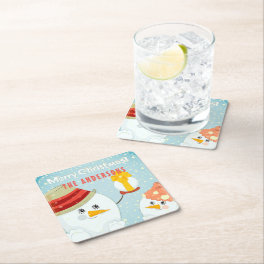 Merry Christmas Cute Snowman Winter Holidays Name Square Paper Coaster