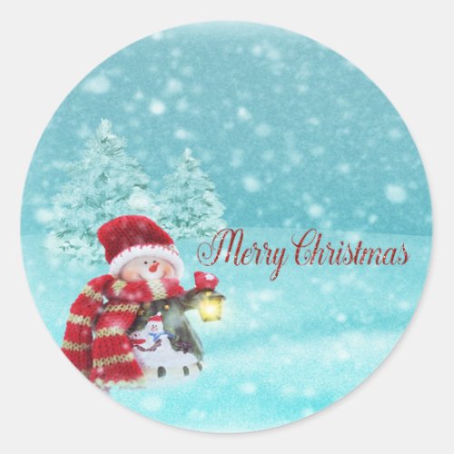 Merry ChristmasCute Snowman With Santa Hat Classic Round Sticker