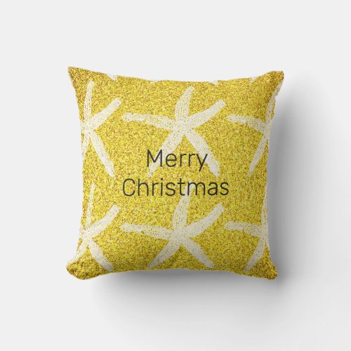 Merry Christmas Cute Starfish Gold Yellow Glittery Outdoor Pillow