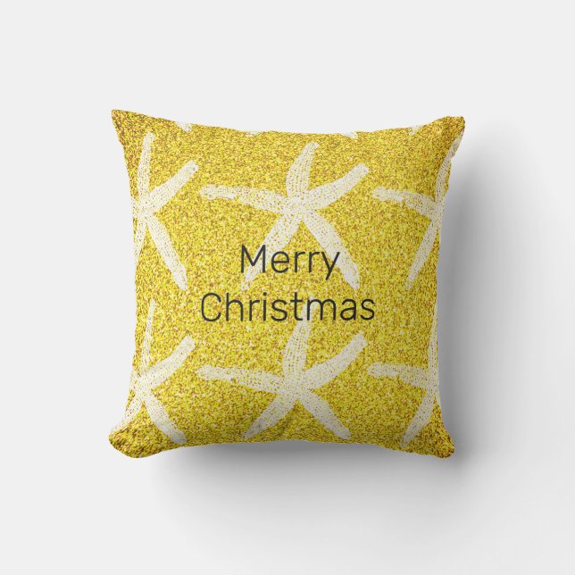 Merry Christmas Cute Starfish Gold Yellow Glittery Outdoor Pillow (Front)