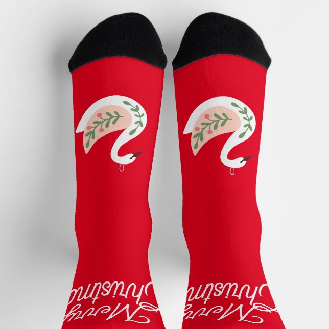 Merry Christmas Cute traditional folk art Swan Red Socks (Top)