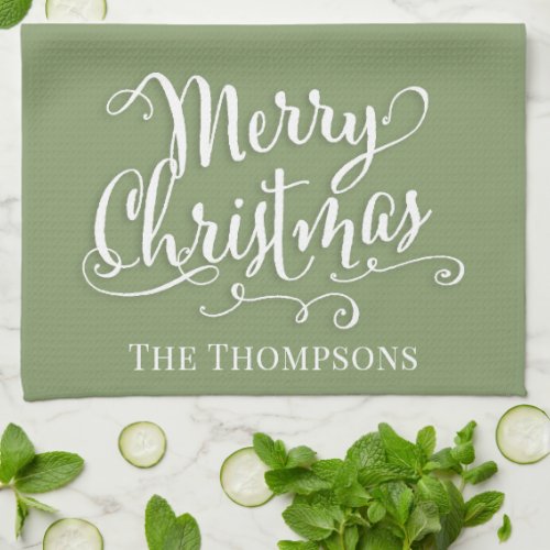 Merry Christmas Cute Typography Whimsical Green Kitchen Towel
