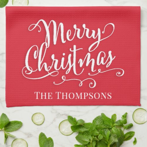 Merry Christmas Cute Typography Whimsical Red Kitchen Towel