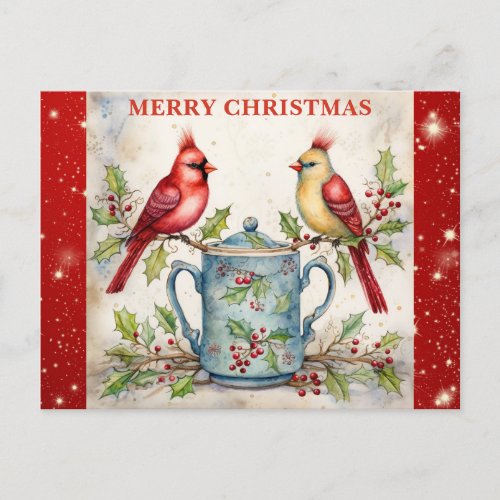 Merry Christmas Cute Watercolor Cardinal Postcard