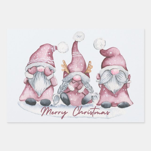 Merry Christmas Cute Watercolor Holiday Gnomes  Wrapping Paper Sheets (Front)
