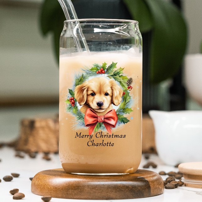 Merry Christmas Cute Watercolor Puppy Dog Name Can Glass (Creator Uploaded)