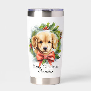 Merry Christmas Cute Watercolor Puppy Dog Name Insulated Tumbler