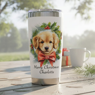 Merry Christmas Cute Watercolor Puppy Dog Name Insulated Tumbler