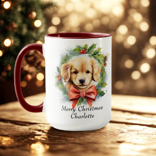 Merry Christmas Cute Watercolor Puppy Dog Name Mug