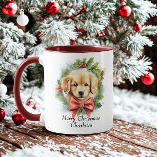 Merry Christmas Cute Watercolor Puppy Dog Name Mug