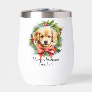 Merry Christmas Cute Watercolor Puppy Dog Name Thermal Wine Tumbler