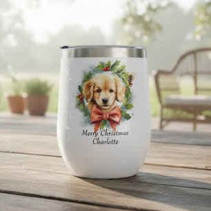 Merry Christmas Cute Watercolor Puppy Dog Name Thermal Wine Tumbler