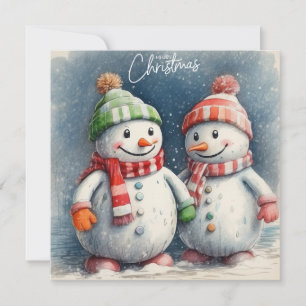 Merry Christmas Cute Watercolor Snowmen  Holiday Card