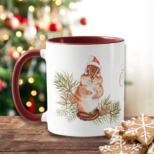 Merry Christmas Cute Watercolor Squirrel Name Mug