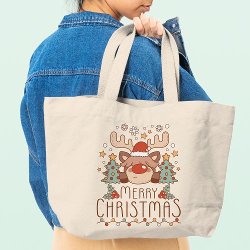 Merry Christmas Cute Whimsical Festive Reindeer Large Tote Bag