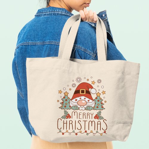 Merry Christmas Cute Whimsical Festive Santa Large Tote Bag