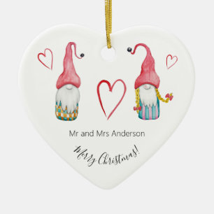 Merry Christmas Cute Winter Gnomes In Love Ceramic Ornament
