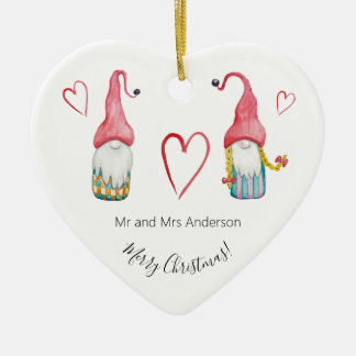 Merry Christmas Cute Winter Gnomes In Love Ceramic Ornament