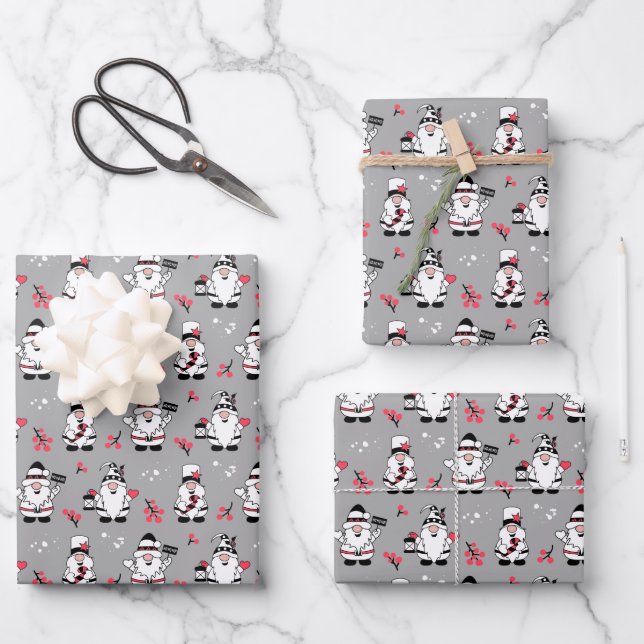 MERRY CHRISTMAS | Cute Winter Holly Gnomes Wrapping Paper Sheets (Front)