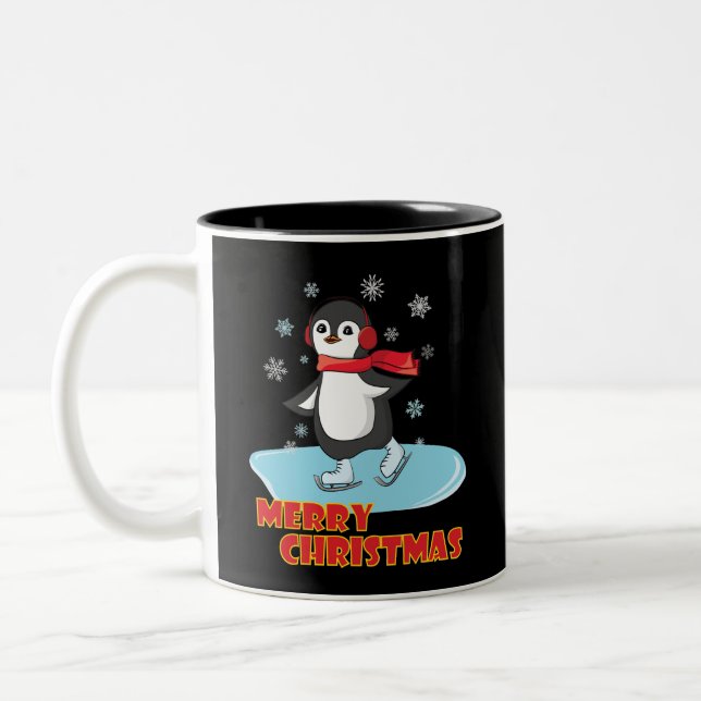 Merry Christmas Cute Winter Penguin Two-Tone Coffee Mug (Left)