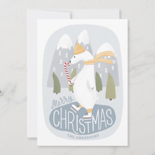 Merry Christmas Cute winter polar bear on skate Holiday Card