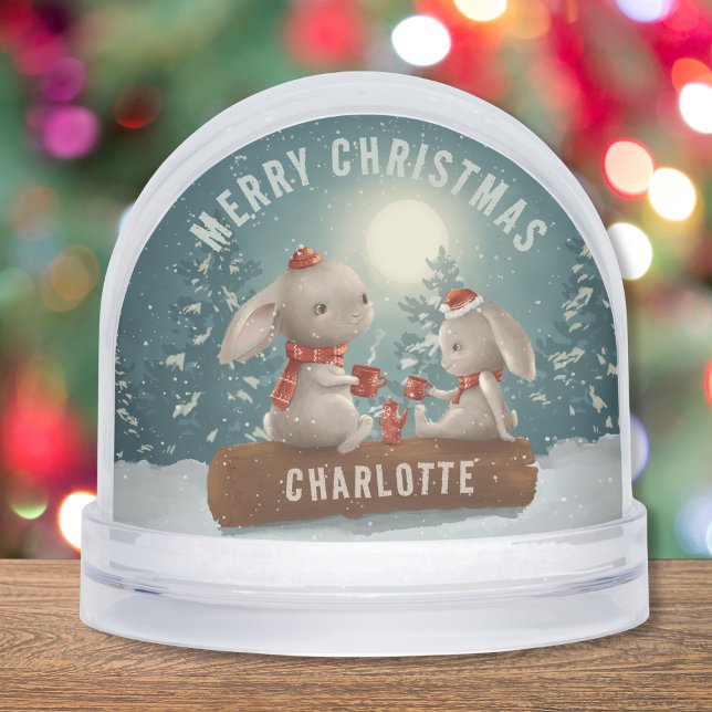 Merry Christmas Cute Winter Rabbits Personalized Snow Globe (Creator Uploaded)