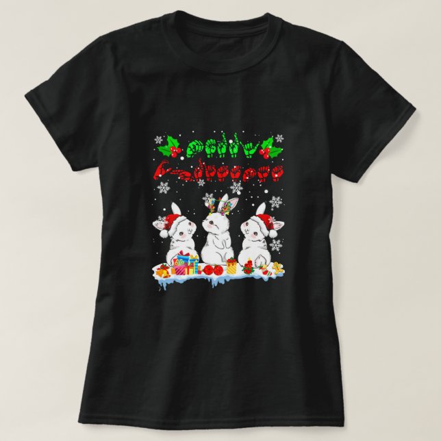 Merry Christmas Cute Xmas Bunny ASL Sign Language  T-Shirt (Design Front)