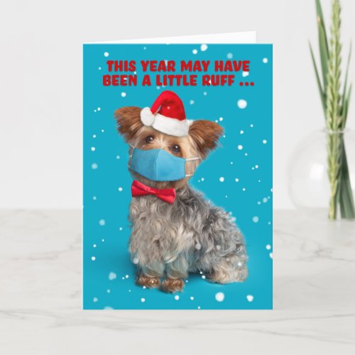 Merry Christmas Cute Yorkie Dog in Face Mask Holiday Card