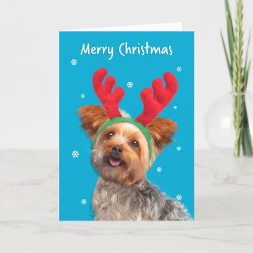 Merry Christmas Cute Yorkie Dog in Reindeer Ears Holiday Card
