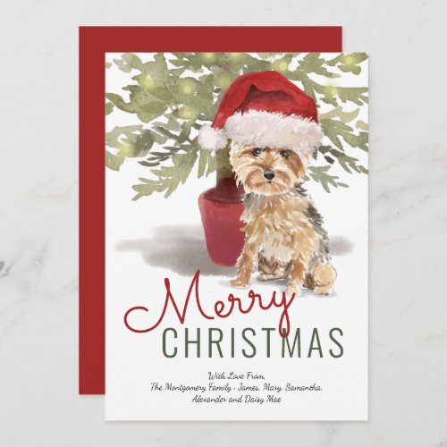 Merry Christmas Cute Yorkshire Terrier Watercolor Holiday Card