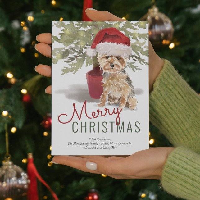 Merry Christmas Cute Yorkshire Terrier Watercolor Holiday Card (Creator Uploaded)