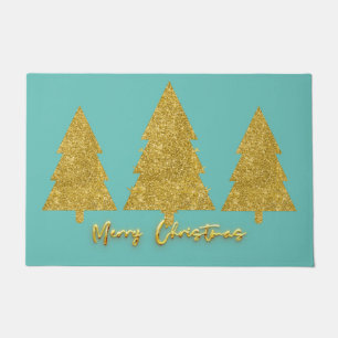 Merry Christmas cuty script gold tree elegant blue Doormat